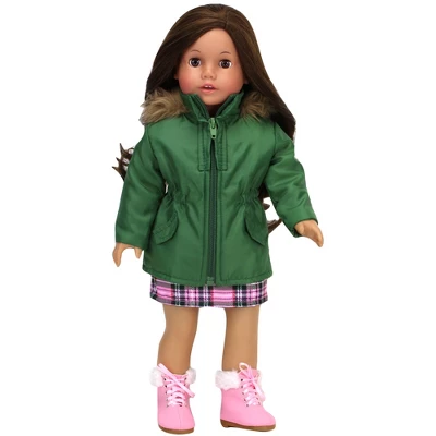 Sophia’s Complete Fall Outfit With Dress, Parka, & Booties For 18” Dolls, Pink/Green - Image 3