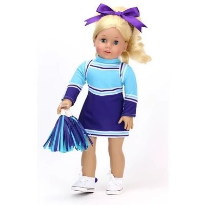 Sophia's - 18" Doll - Cheerleader Dress, Pom-pom & Hair Bow Set - Aqua/Purple - Image 2