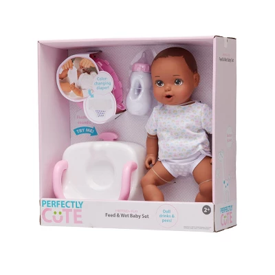 Perfectly Cute Feed & Wet 14" Baby Set - Dark Brunette With Brown Eyes - Image 3