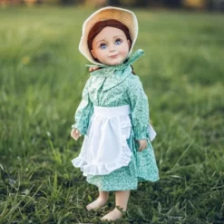 The Queen's Treasures 18 Inch Green Calico Prairie Dress, Apron, And Bonnet