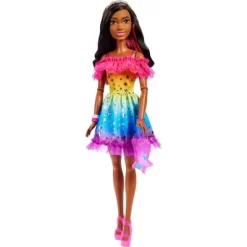 Barbie 28" Large Doll With Dark Brown Hair And Rainbow Dress