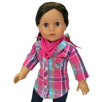 Sophia’s Plaid Button-Up Blouse, Denim Jeggings, & Bandana For 18” Dolls, Hot Pink