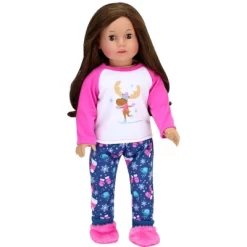 Sophia’s Moose Print Winter Pajamas & Fuzzy Slipper Set For 18” Dolls, Blue/Pink