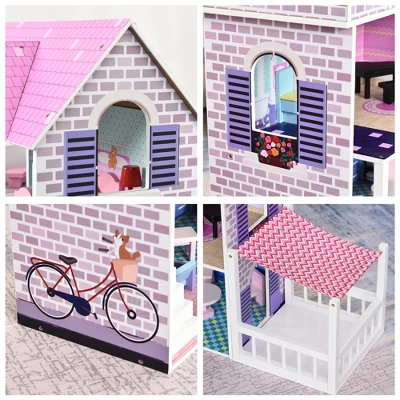 Qaba Kids Wooden Multi-Level Dream House Villa Kit With Furniture And Accessories - Image 6
