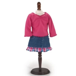 Sophia’s Long-Sleeved Cinched Tee & Denim Skirt For 18” Dolls, Hot Pink/Blue
